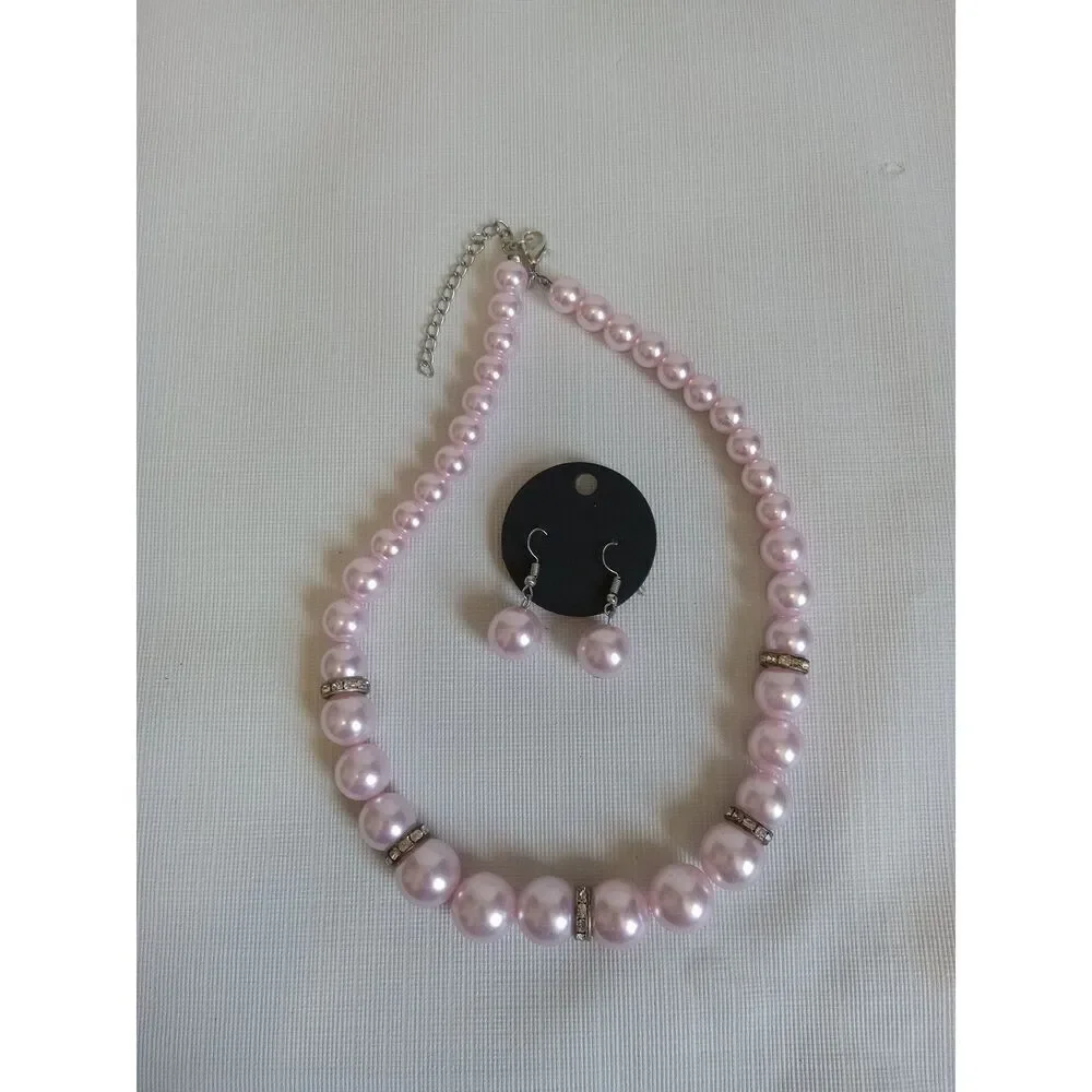 Soft Pink Round Beaded Adjustable Single Strand Matching Necklace & Earring Set